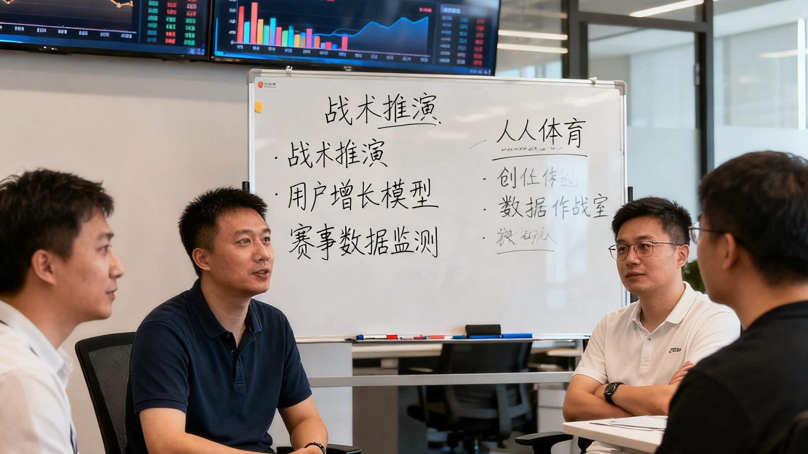 人人体育创始团队与数据作战室照片，显示办公室墙上的实时大屏与白板战术讨论